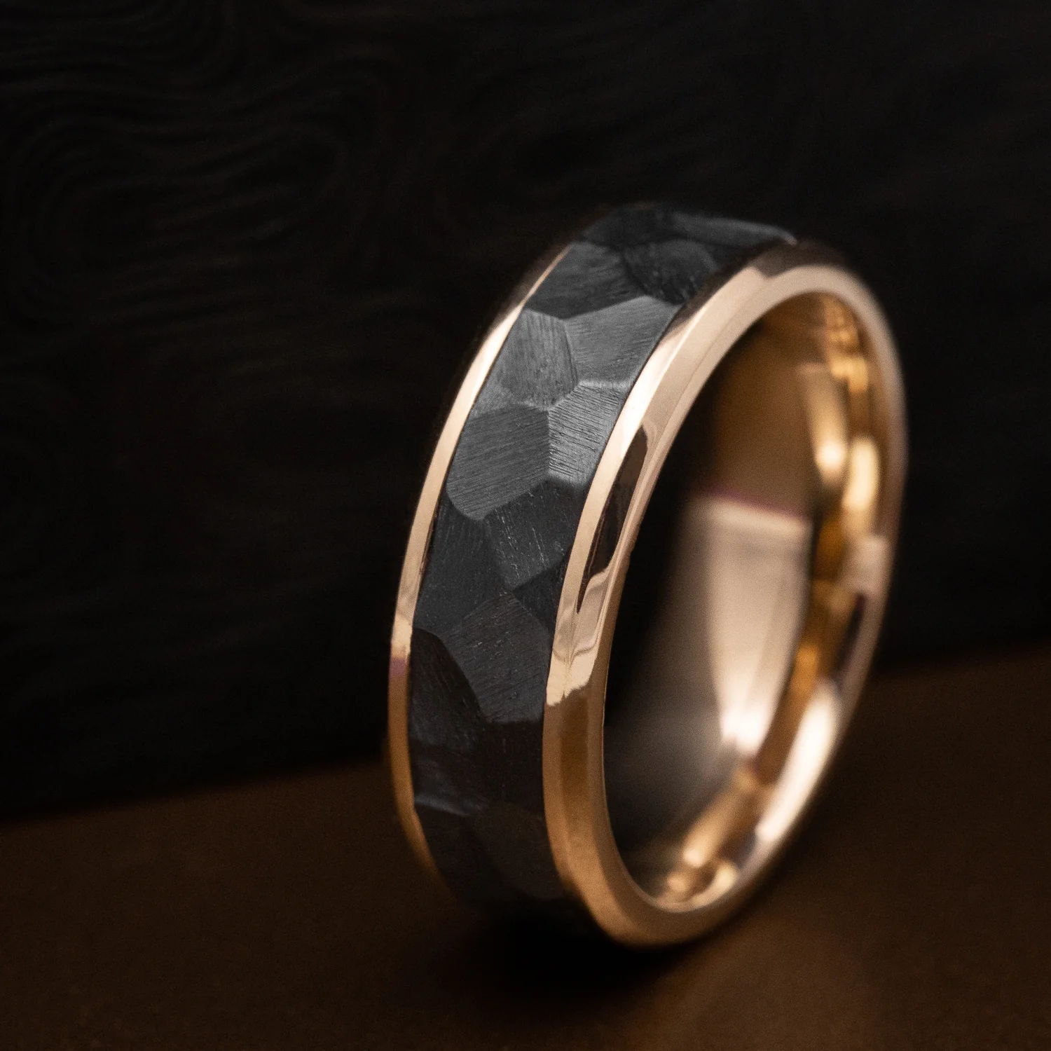 Yellow Gold Men's Ring with Black Zirconium Rock Finish Inlay Custom Made - Image 5