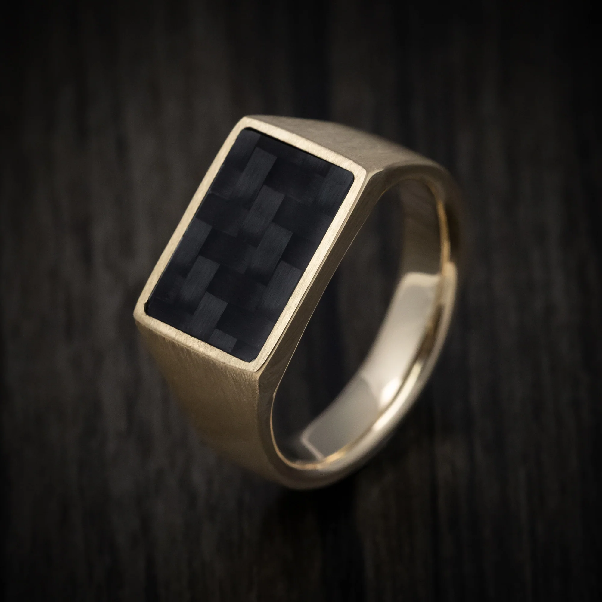 10K Gold Signet Ring with Supercar Ron Authentic Hypercar Carbon Fiber Inlay - Image 3