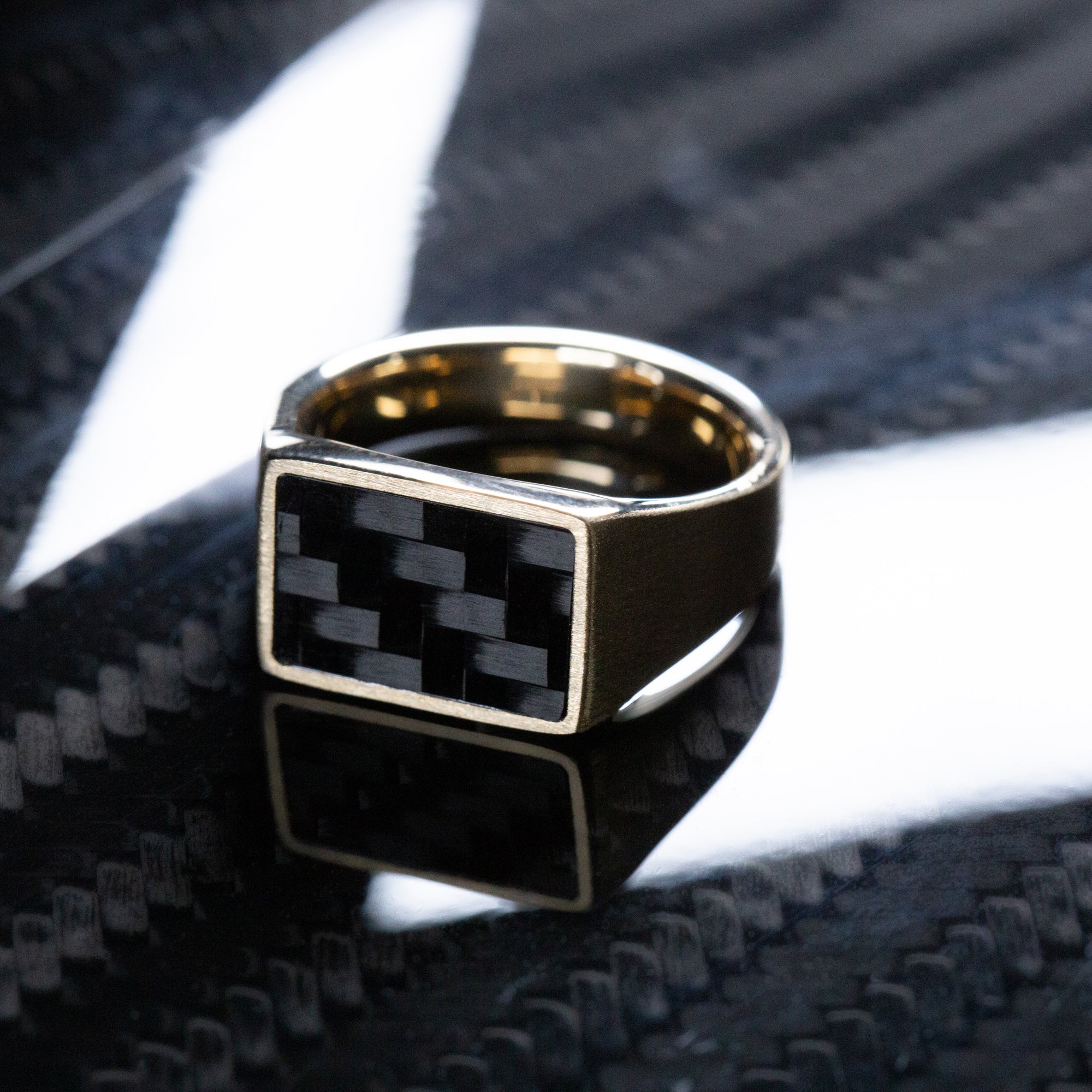 10K Gold Signet Ring with Supercar Ron Authentic Hypercar Carbon Fiber Inlay - Image 7