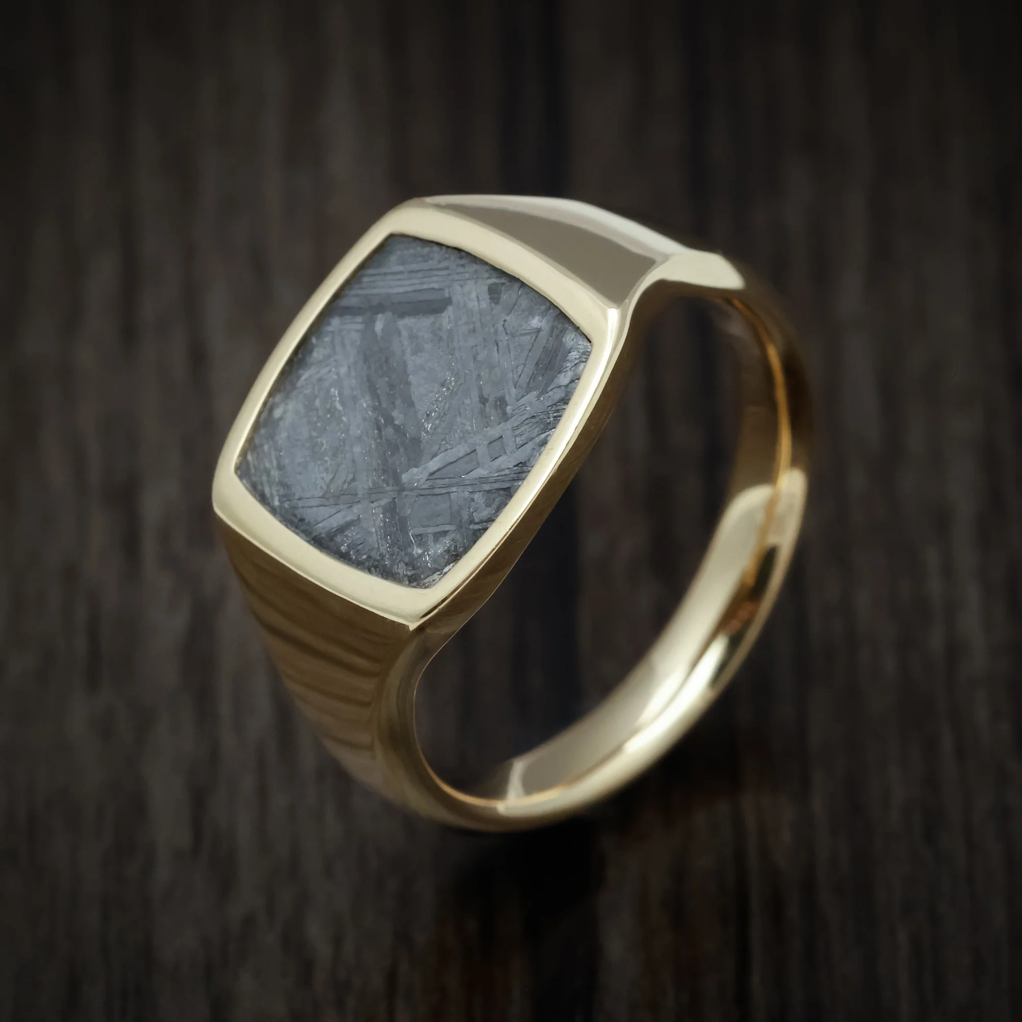 10K Yellow Gold Medium Signet Ring with Gibeon Meteorite Inlay - Image 3