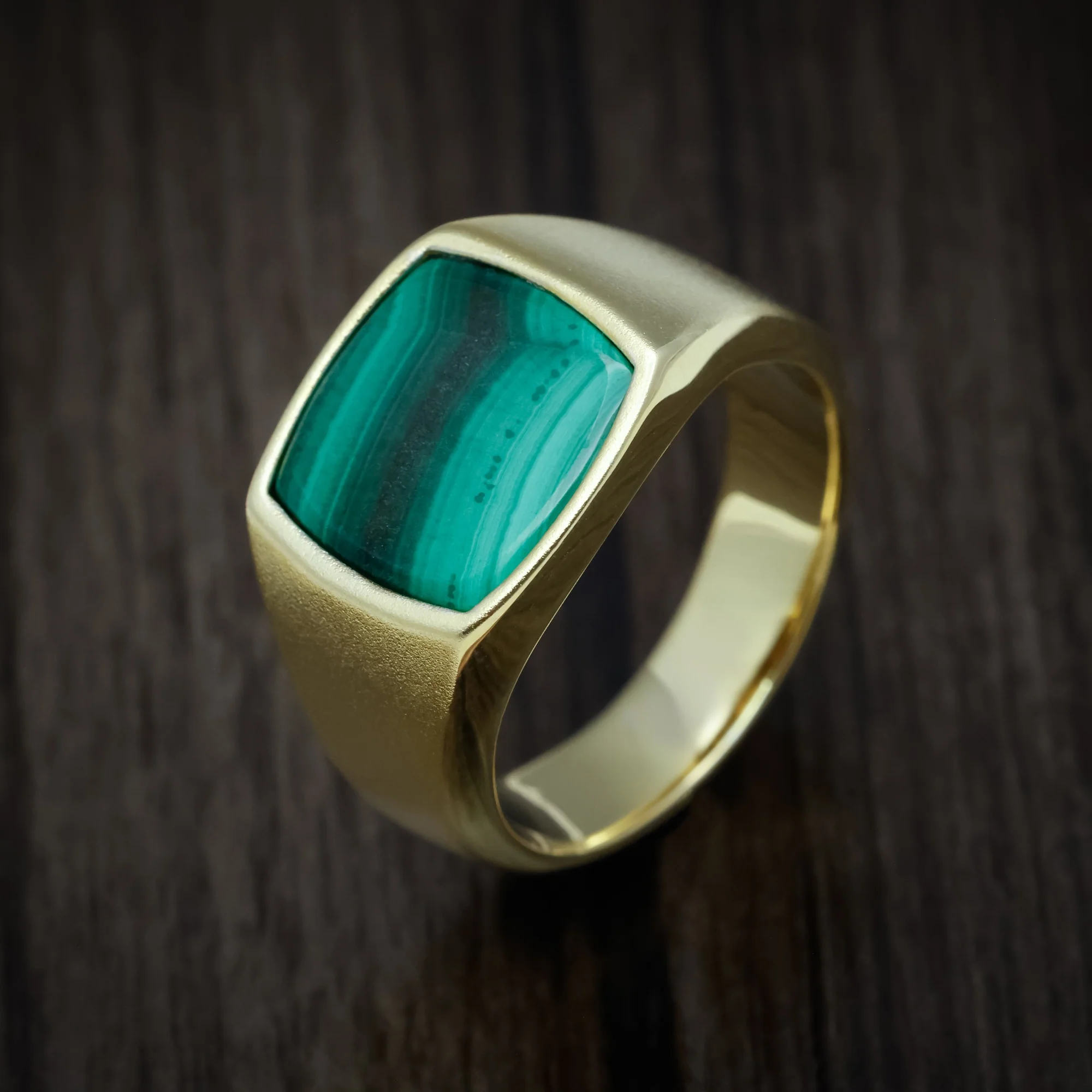 10K Yellow Gold Medium Signet Ring with Malachite Stone Inlay - Image 3