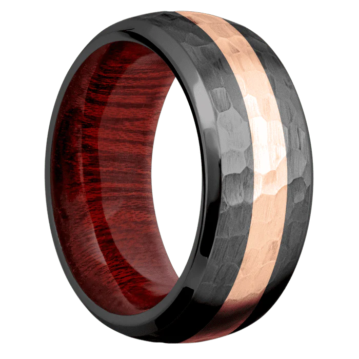 10mm wide Domed Bevel Black Titanium Ring with Hammer Finish / One 3mm Centered 14k Rose Gold Inlay with Hammer Finish / Blood Wood Sleeve - Image 2