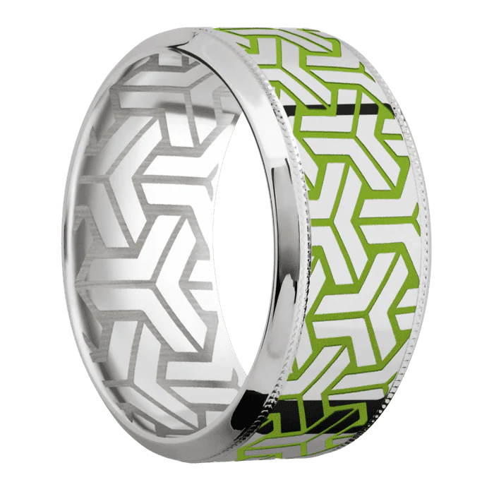 10mm wide High Bevel Milgrain Platinum Ring with Polish Finish / Geoweave Large Design and Zombie Green Cerakote Accents / None Interior Pattern - Image 2