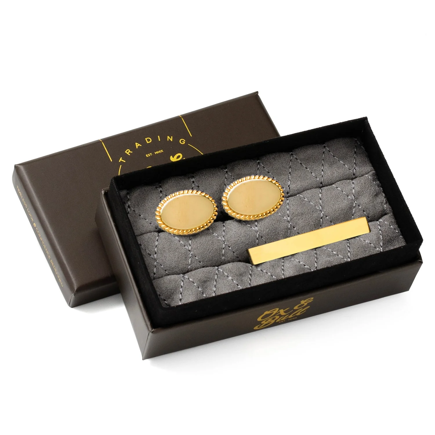 14K Gold Plated Rope Border Oval Cufflinks and Tie Bar Gift Set - Image 2