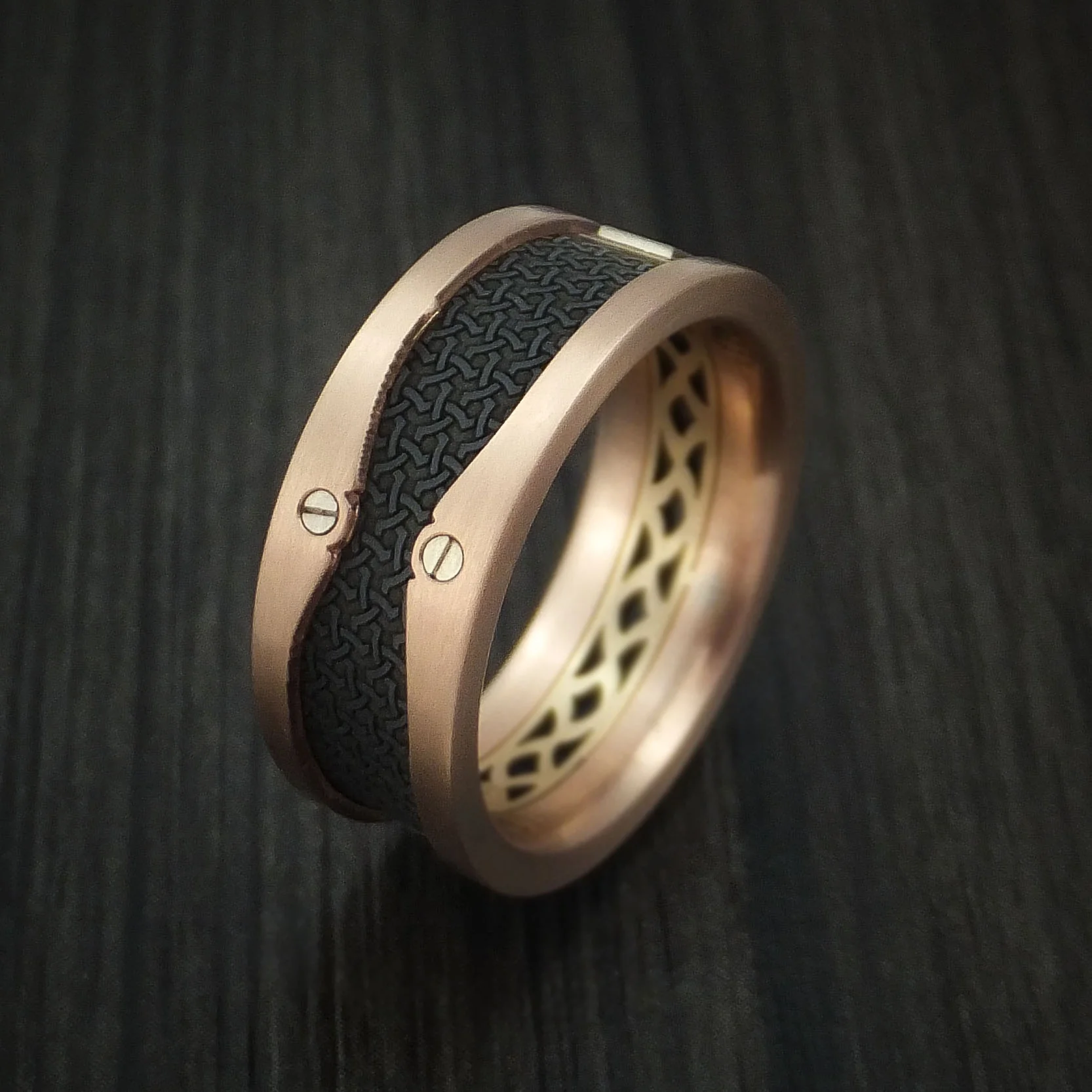 14K Rose and Yellow Gold with Carbon Fiber and Diamond Custom Made Men's Band - Image 5