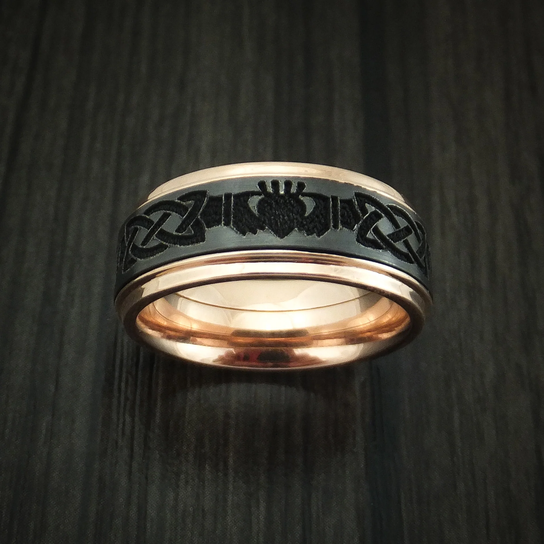 Rose Gold and Black Zirconium Celtic Claddagh Band Custom Made Men's Ring - Image 2