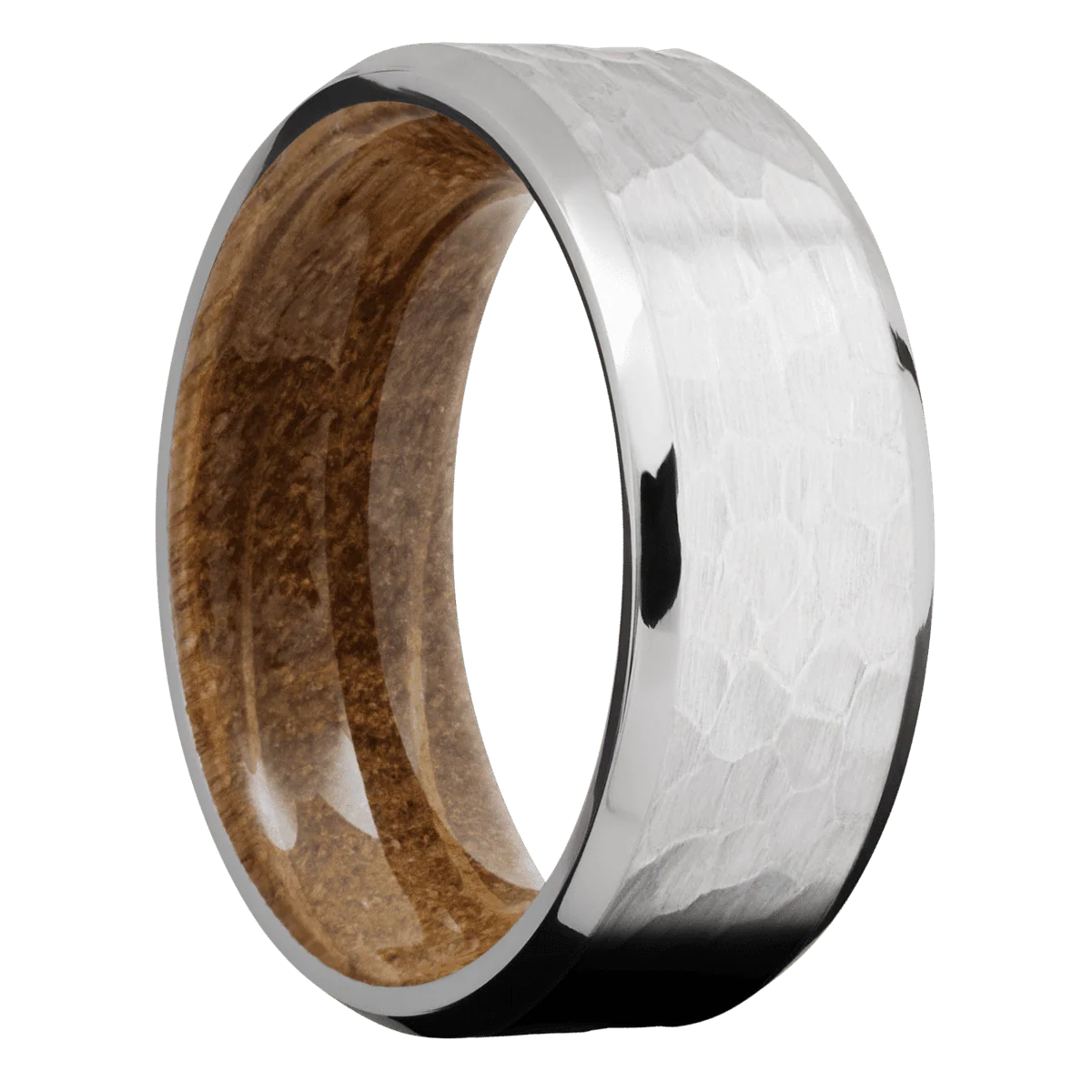 14K White Gold + Hammer , Polish Finish + Whiskey Barrel
