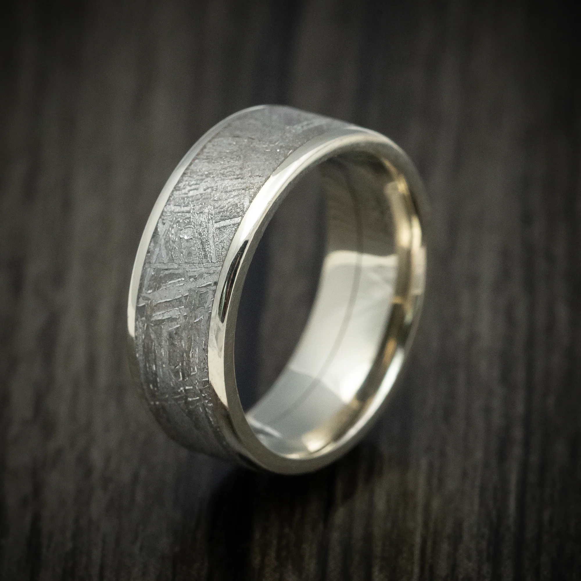 White Gold Men's Ring with Gibeon Meteorite Inlay Custom Made Band - Image 4
