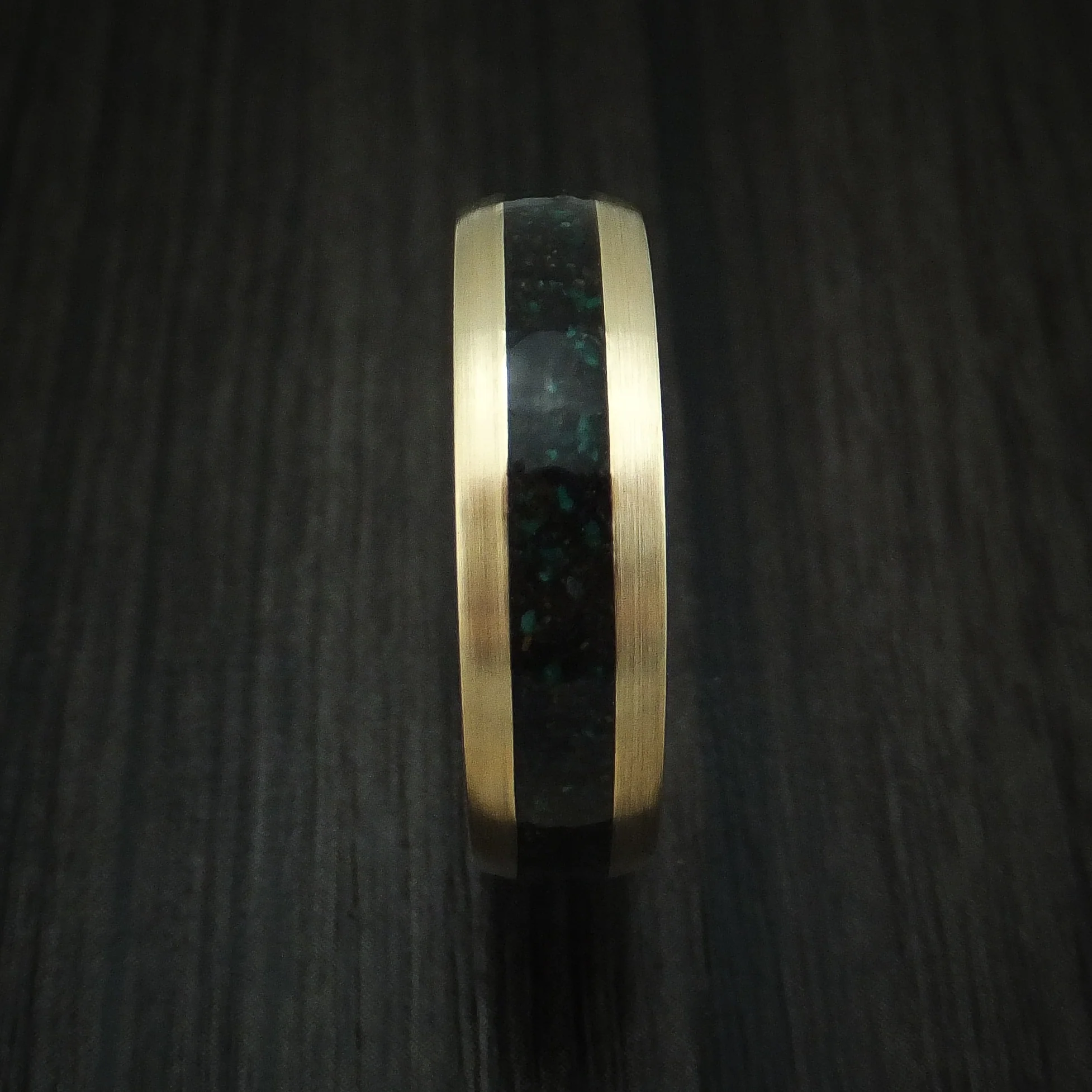 Yellow Gold And Black Dinosaur Bone and Malachite Men's Ring Custom Made Fossil Band - Image 3