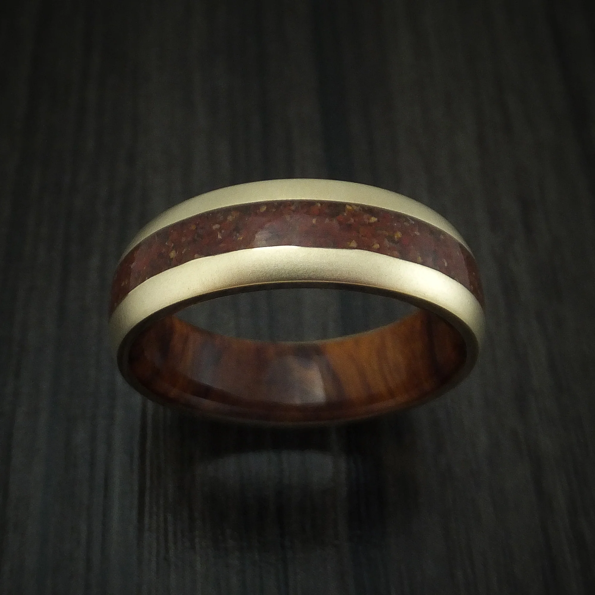 14K Yellow Gold And Mixed Dinosaur Bone Men's Ring With Desert Ironwood Burl Wood Sleeve Custom Made Fossil Band - Image 2