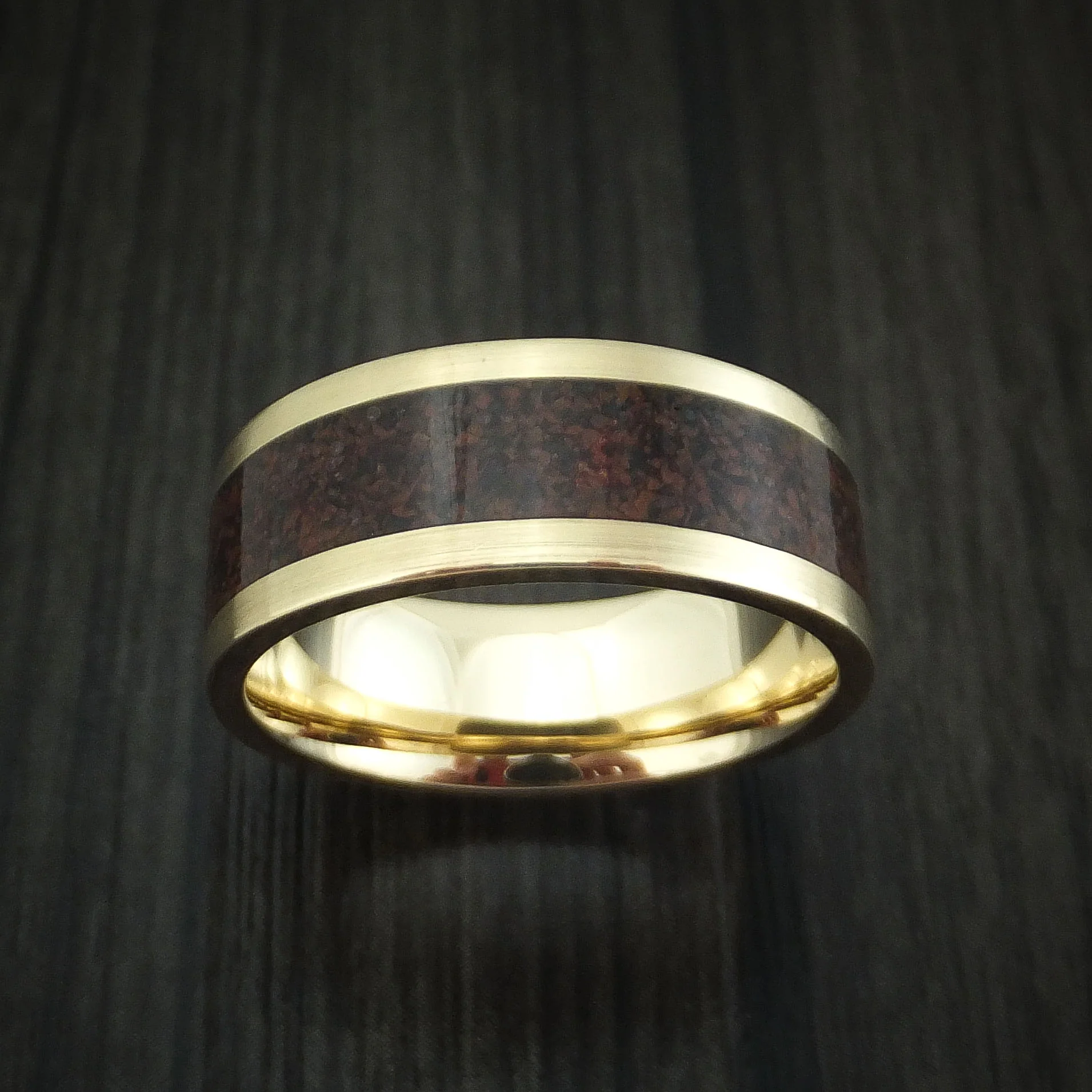 Yellow Gold and Red Dinosaur Bone Men's Ring Custom Made Fossil Band - Image 2