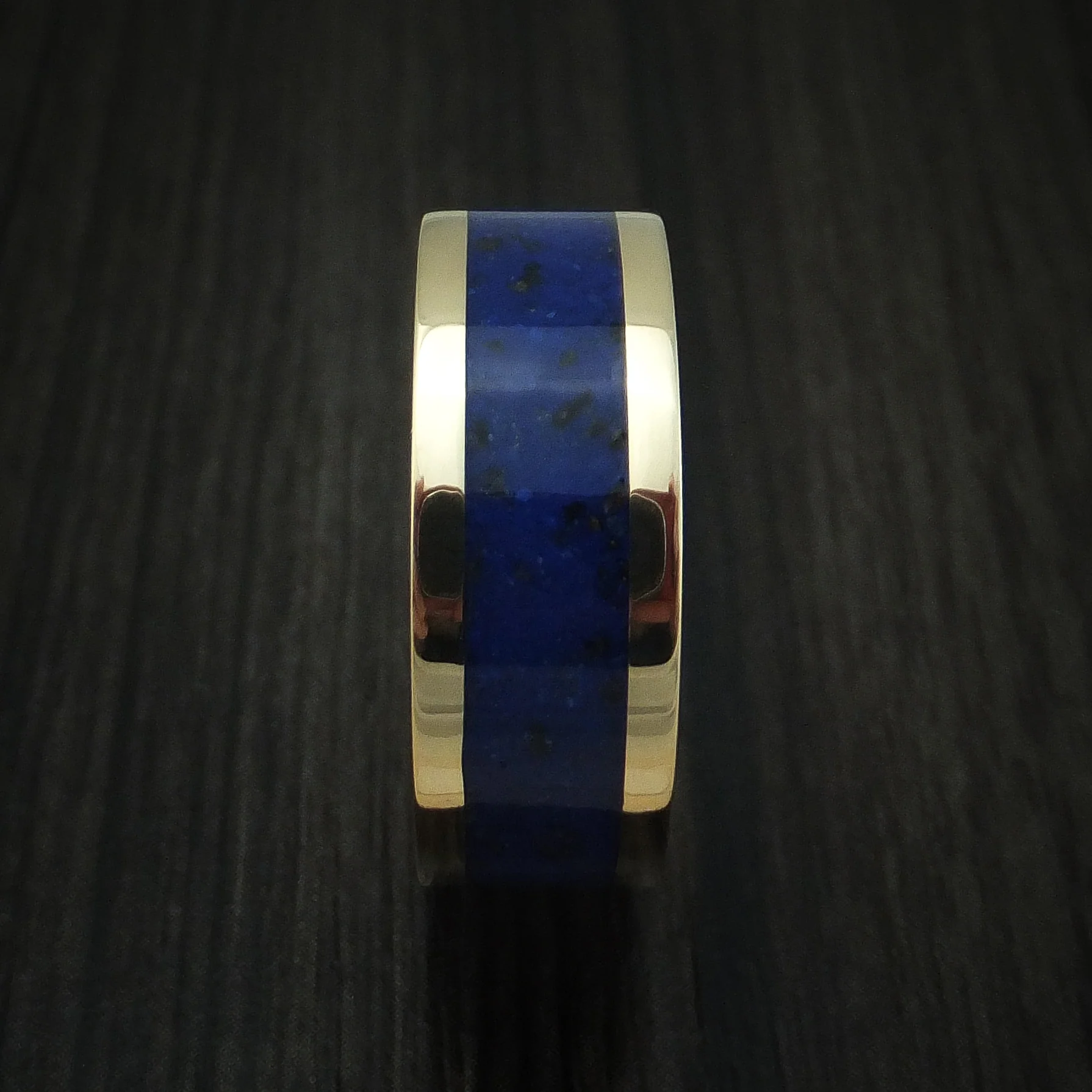 Yellow Gold Lapis with Black Dinosaur Bone Men's Ring Custom Made Fossil Band - Image 3