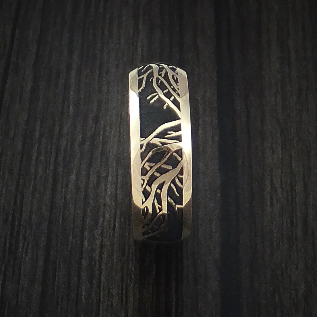 Yellow Gold Men's Ring with Tree Branches Custom Made Band - Image 3