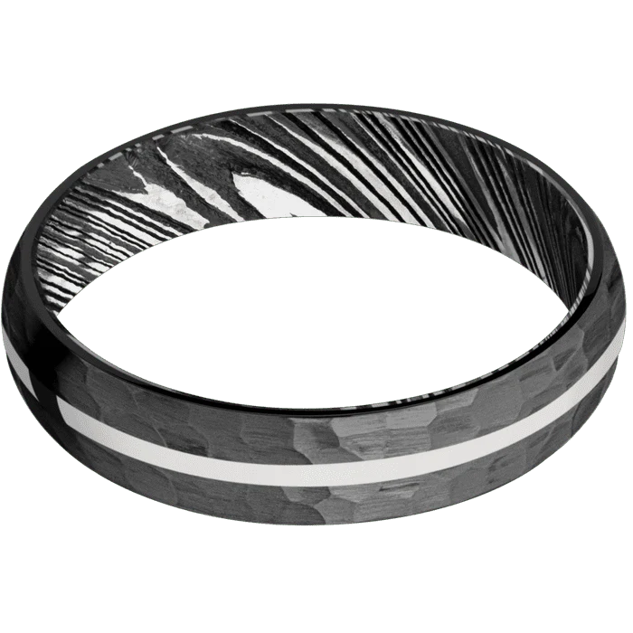 5mm wide Domed Black Titanium Ring with Hammer Finish / One 1mm Centered Platinum Inlay with Polish Finish / Kuro Damascus Steel Sleeve - Image 3