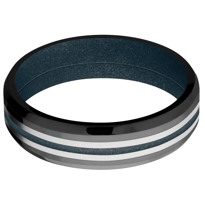 6mm wide Beveled Black Titanium Ring with Polish Finish / One 3mm Centered Cobalt Chrome Inlay with Bead Blast Finish / One 1mm Centered Blue Titanium Cerakote Inlay / Blue Titanium Cerakote Sleeve - Image 3