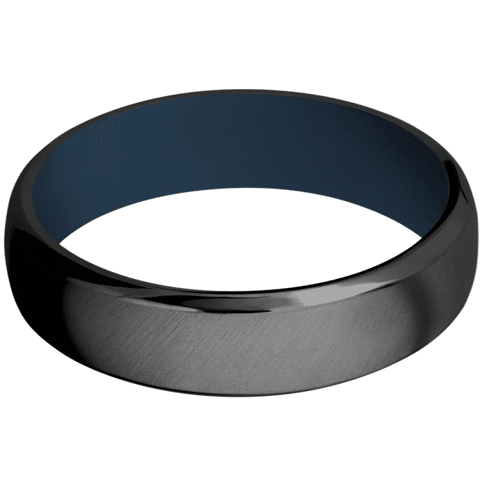6mm wide Domed Bevel Black Titanium Ring with Angle Satin Finish / Navy Blue Cerakote Sleeve - Image 3