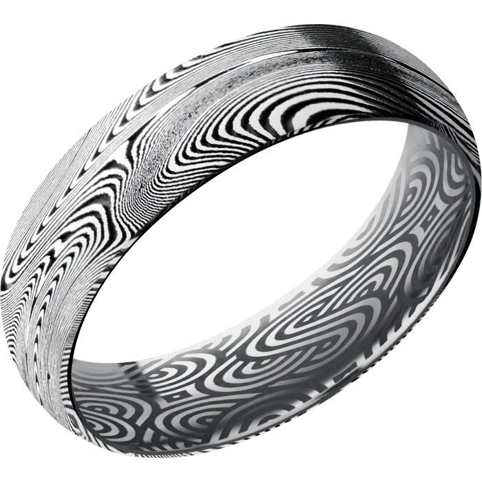 6mm wide Domed Tightweave Damascus Steel Ring with Tumble Kuro Damascus Finish / Tantalum Sleeve / None Interior Pattern