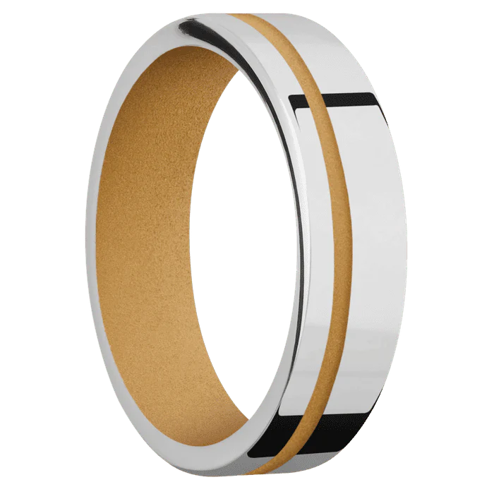 6mm wide Flat Cobalt Chrome Ring with Polish Finish / One 1mm Off Center Gold Cerakote Inlay / Gold Cerakote Sleeve - Image 2