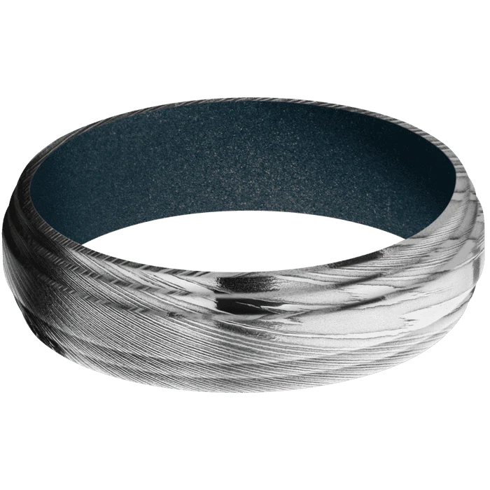6mm wide Flat Double Stepped Edges Damascus Steel Ring with Polish Damascus Finish / Blue Titanium Cerakote Sleeve - Image 3