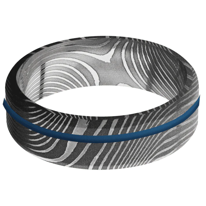 7mm wide Beveled Flattwist Damascus Steel Ring with Acid Damascus Finish / One 1mm Off Center Ridgeway Blue Cerakote Inlay - Image 3