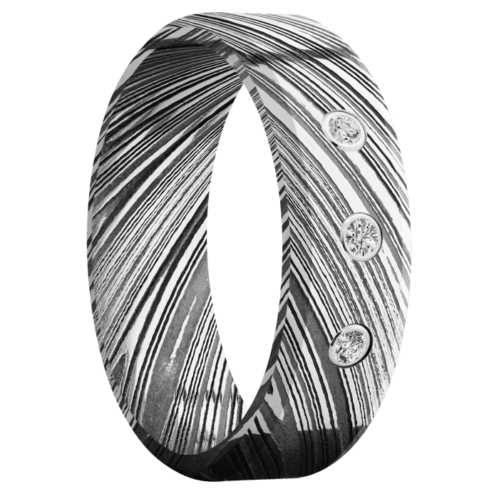 7mm wide Beveled Kuro Damascus Steel Ring with Tumble Kuro Damascus Finish / 3 Round .03 carat Standard Lab Grown Diamond Bezel-Set Gemstones - Image 2