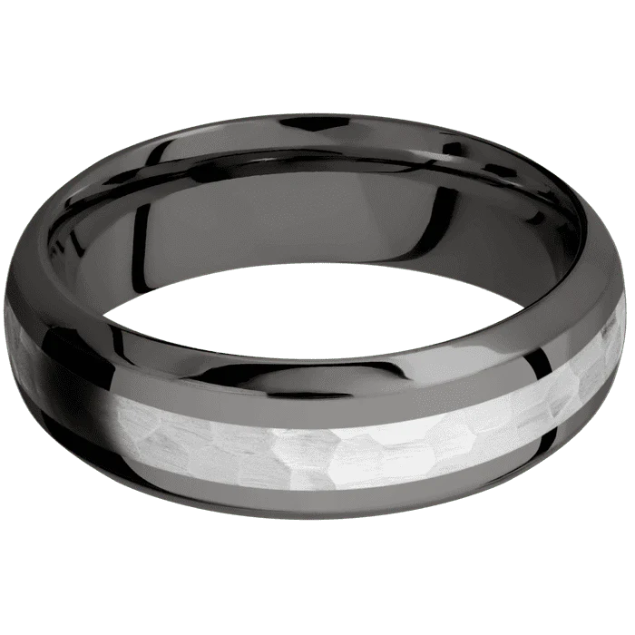 7mm wide Domed Bevel Darkened Tantalum Ring with Polish Finish / One 3mm Centered Palladium Silver Inlay with Hammer Finish - Image 3