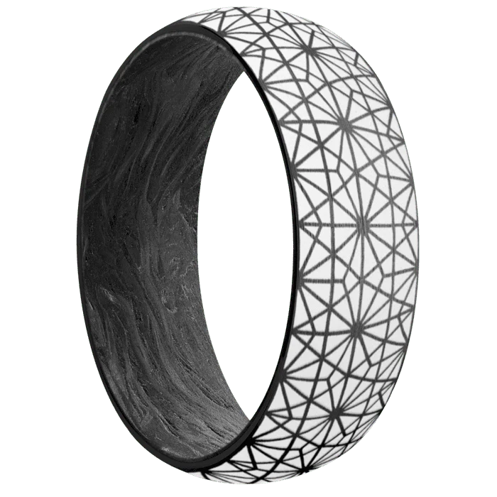 7mm wide Domed Black Zirconium Ring with Satin Finish / Celestial Design and Snow White Cerakote Accents / Forged Carbon Fiber Sleeve - Image 2