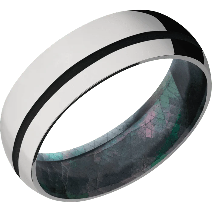 7mm wide Domed Titanium Ring with Polish Finish / One 1mm Off Center Black Cerakote Inlay / Black Mother of Pearl Sleeve