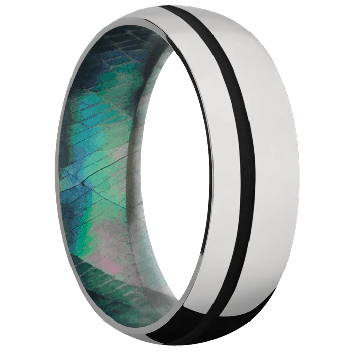7mm wide Domed Titanium Ring with Polish Finish / One 1mm Off Center Black Cerakote Inlay / Black Mother of Pearl Sleeve - Image 2