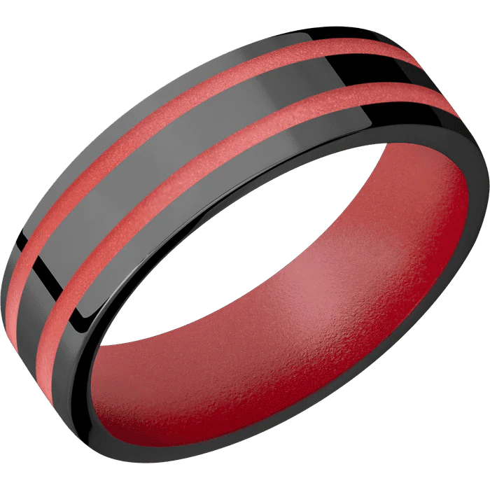 7mm wide Flat Black Zirconium Ring with Polish Finish / Two 1mm Centered Habanero Cerakote Inlay / Habanero Cerakote Sleeve