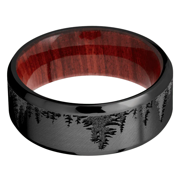 8mm wide Beveled Black Titanium Ring with Angle Satin Finish / Trees Design / Red Heart Sleeve - Image 3
