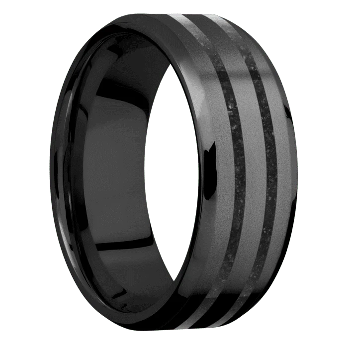 8mm wide Beveled Black Titanium Ring with Bead Blast Finish / Two 1mm Centered Black Dinosaur Bone Inlay - Image 2