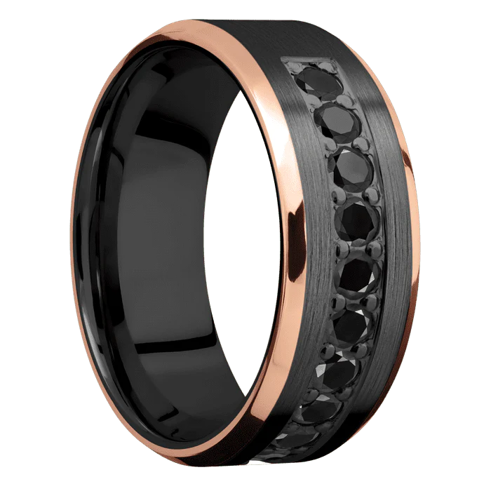 8mm wide Beveled Black Zirconium Ring with Satin Finish / Two 1mm Edge 14k Rose Gold Inlay with Polish Finish / Half Eternity Round .07 carat Black Diamond Bead-Set Gemstones - Image 2