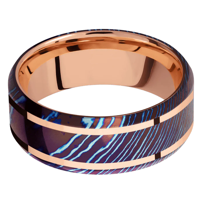 8mm wide Beveled Kuro-Ti Ring with Polish Kuro-Ti Finish / Two 1mm Wide 14k Rose Gold Inlay with Polish Finish / 14k Rose Gold Sleeve - Image 3