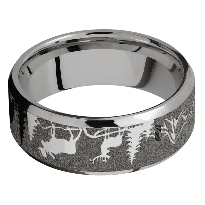 8mm wide Beveled Titanium Ring with Polish Finish / Bear Moose Deer Mountain Design - Image 3