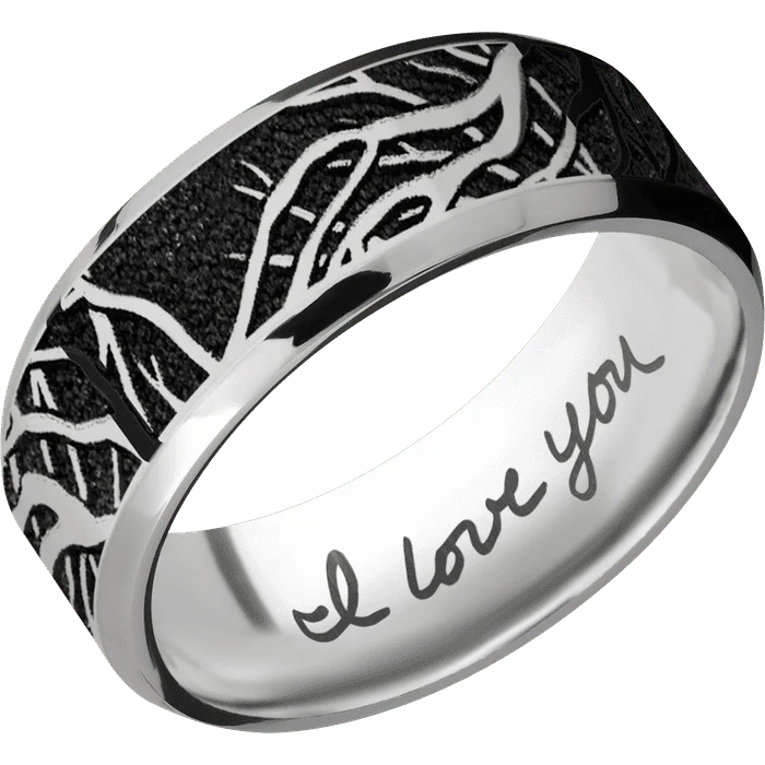 8mm wide Beveled Titanium Ring with Polish Finish / Branches Design / None Interior Pattern