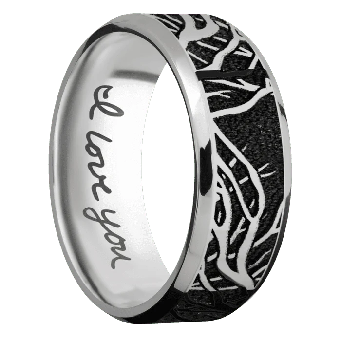 8mm wide Beveled Titanium Ring with Polish Finish / Branches Design / None Interior Pattern - Image 2