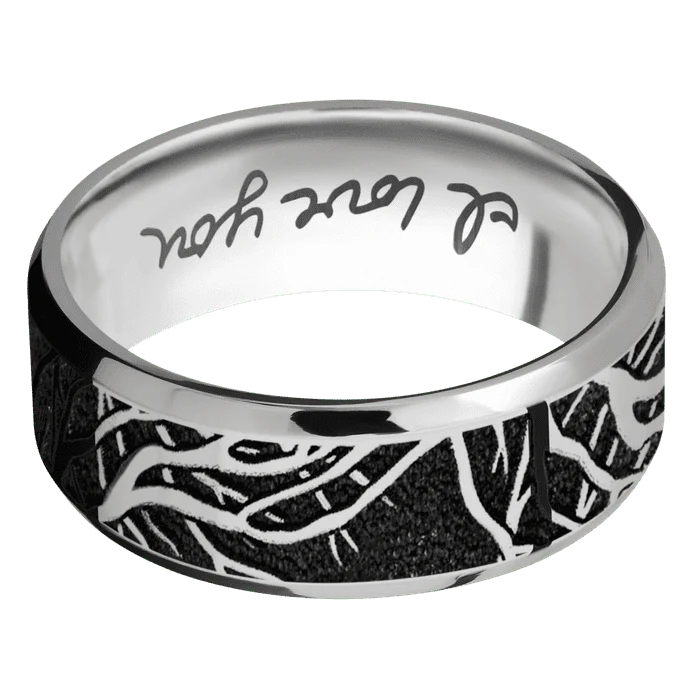 8mm wide Beveled Titanium Ring with Polish Finish / Branches Design / None Interior Pattern - Image 3