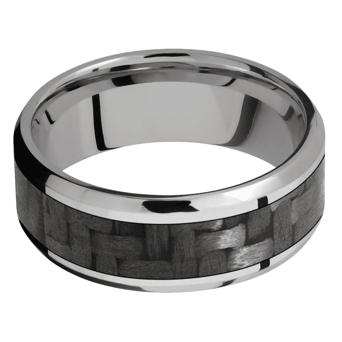 8mm wide Beveled Titanium Ring with Polish Finish / One 5mm Centered Black Carbon Fiber Inlay - Image 3