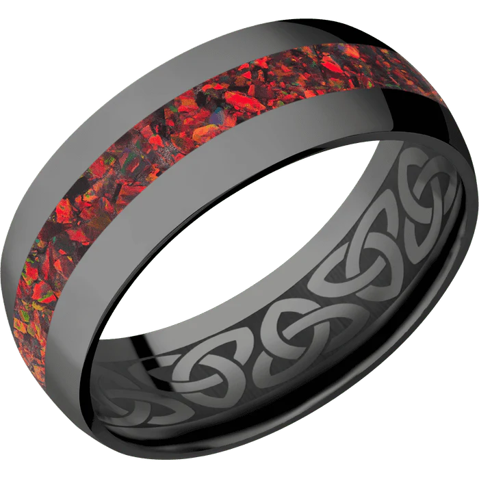 8mm wide Domed Black Titanium Ring with Polish Finish / One 3mm Centered Ruby Red Opal Inlay / None Interior Pattern