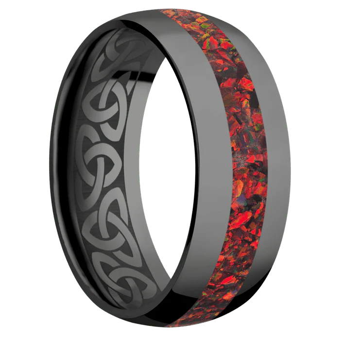 8mm wide Domed Black Titanium Ring with Polish Finish / One 3mm Centered Ruby Red Opal Inlay / None Interior Pattern - Image 2