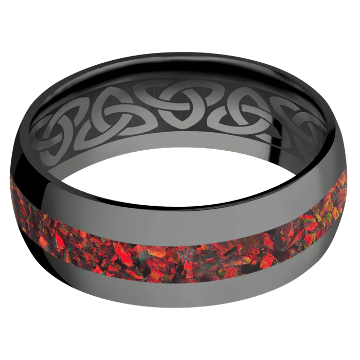 8mm wide Domed Black Titanium Ring with Polish Finish / One 3mm Centered Ruby Red Opal Inlay / None Interior Pattern - Image 3