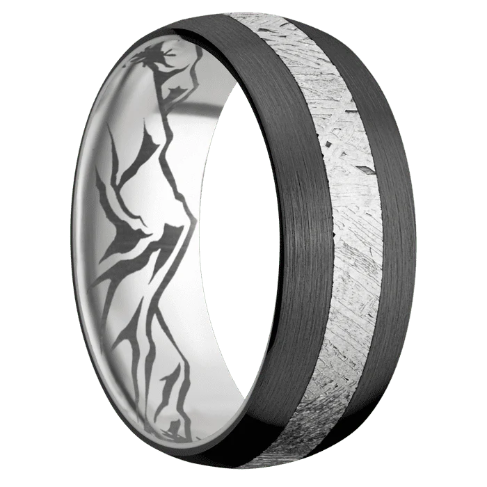 8mm wide Domed Black Titanium Ring with Satin Finish / One 3mm Centered Meteorite Inlay / Titanium Sleeve / None Interior Pattern - Image 2