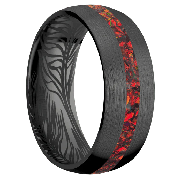 8mm wide Domed Black Zirconium Ring with Satin Finish / One 2mm Centered Ruby Red Opal Inlay / None Interior Pattern - Image 2