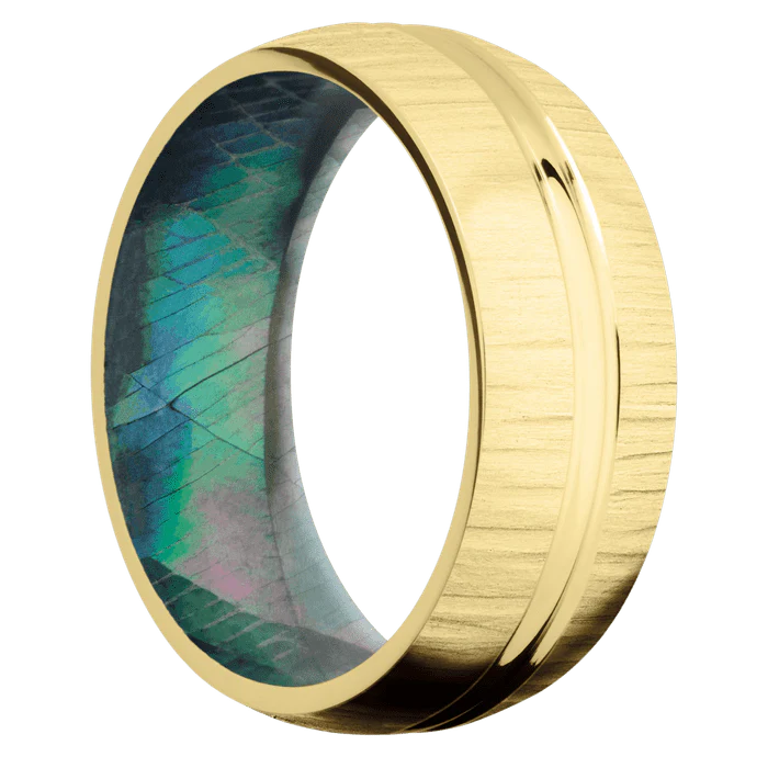 8mm wide Domed Center Round 14k Yellow Gold Ring with Treebark 1 Finish / Black Mother of Pearl Sleeve - Image 2