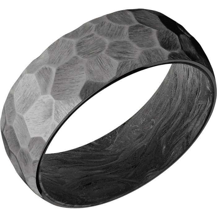 8mm wide Domed Darkened Tantalum Ring with Rock Finish / Forged Carbon Fiber Sleeve