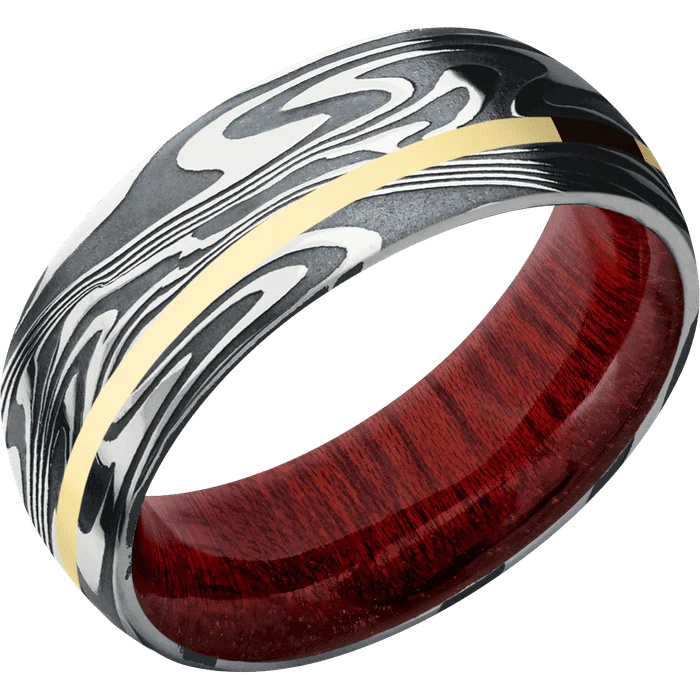 8mm wide Domed Kinetic Damascus Steel Ring with Tumble Kuro Damascus Finish / One 1mm Off Center 14k Yellow Gold Inlay with Polish Finish / Blood Wood Sleeve