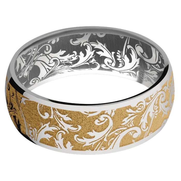 8mm wide Domed Titanium Ring with Polish Finish / Black Leaf Design and Gold Cerakote Accents / None Interior Pattern - Image 3