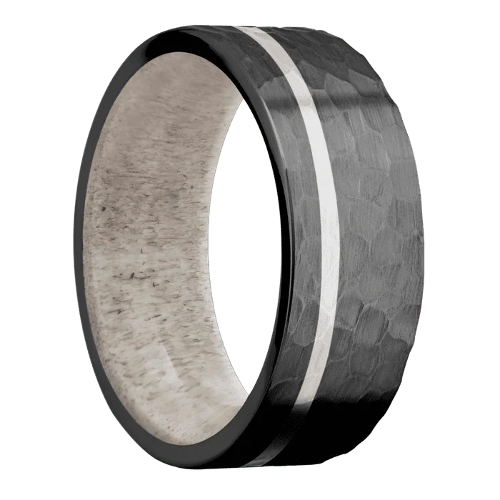 8mm wide Flat Black Titanium Ring with Hammer Finish / One 1mm Off Center Palladium Silver Inlay with Hammer Finish / Antler Sleeve - Image 2