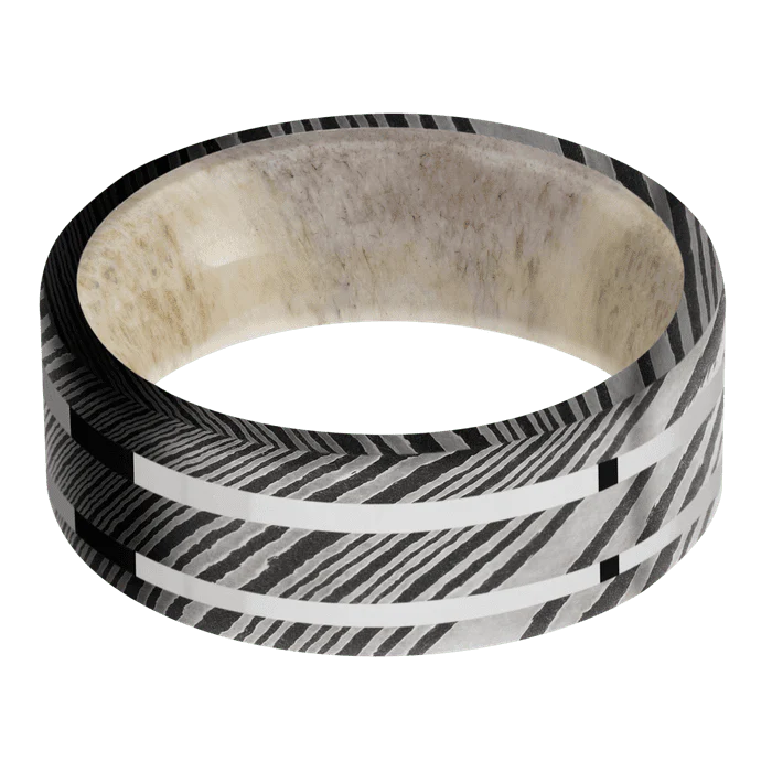 8mm wide Flat Damascus Steel Ring with Acid Damascus Finish / Two 1mm Centered 14k White Gold Inlay with Polish Finish / Antler Sleeve - Image 3